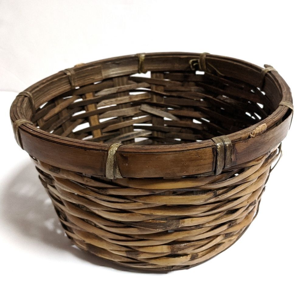 Dark Wicker Basket Shallow Woven Round Cottagecore